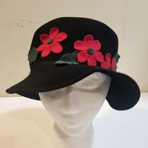 PLATANIA Made in Italy Black 100% Wool Floral bucket hat